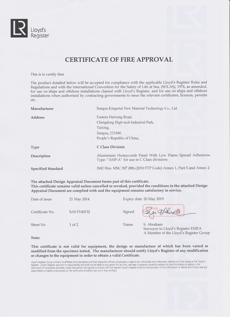 Certificado de aprobación de incendios de la clase A2 de Alucoworld